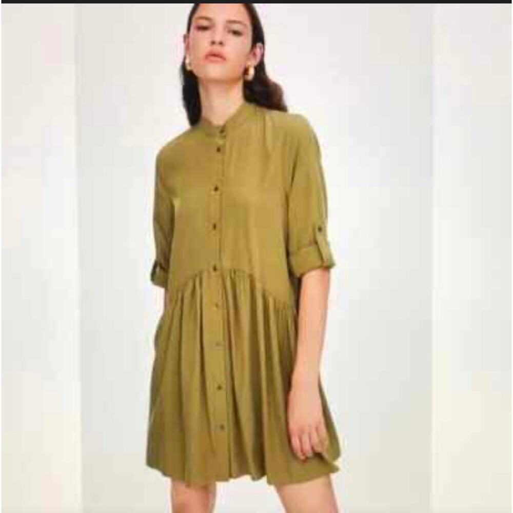 Zara‎ Tiered Button-Down Babydoll Mini Shirt Dress Olive Green Utility Size S